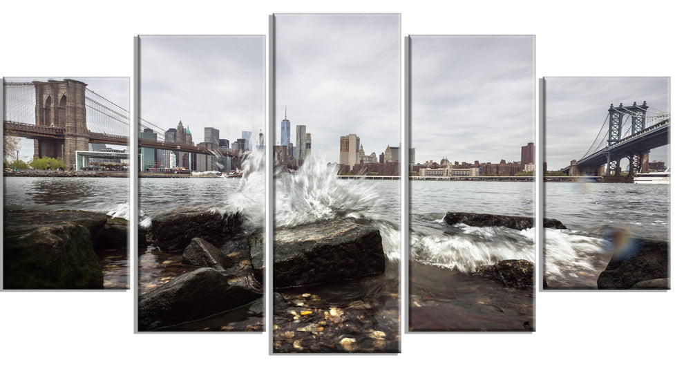Skyline with Brooklyn Manhattan Bridges, Cityscape Canvas Art, 60"x32", 5 Panels