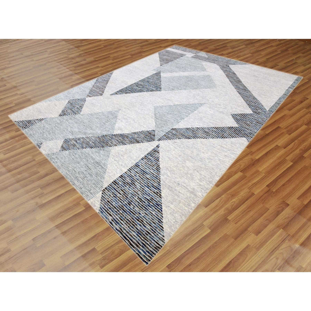 Gray, Geometric Art Nouveau Collection, Pure Wool Hand Knotted Rug, 9'1"x12'3"