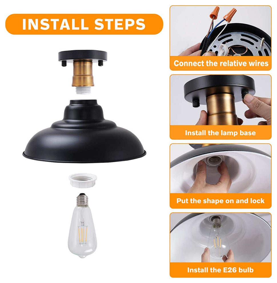 Industrial Black Semi Flush Mount Light, Farmhouse