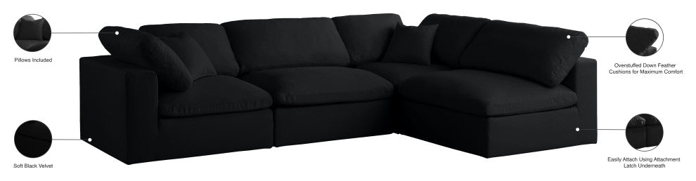 Plush Velvet / Down Standard Comfort L-Shaped Modular Sectional, Black, 4-Piece: 2 Armless Chair, 2 Corner Chair