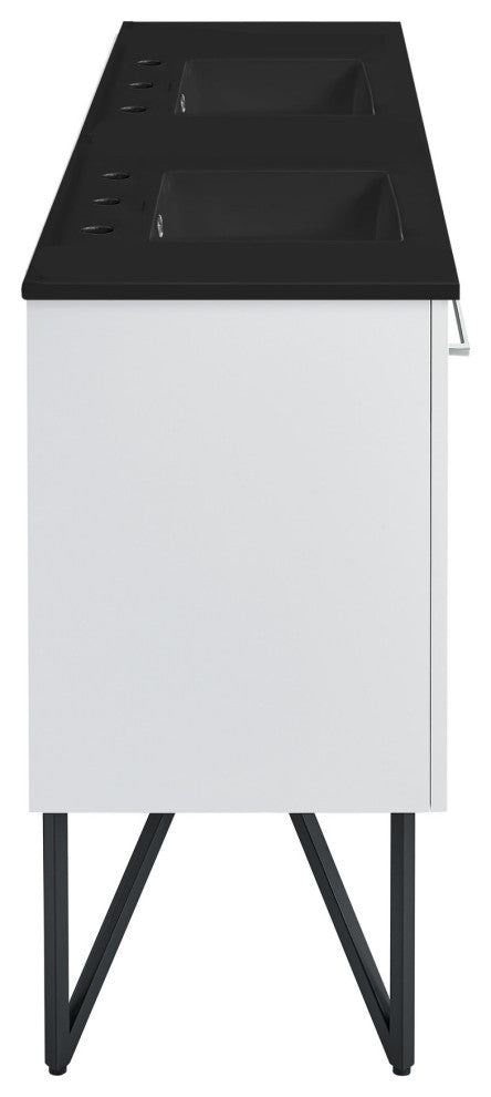 Annecy 60" White, Double Basin Bathroom Vanity With Black, 3-Hole Sink Top