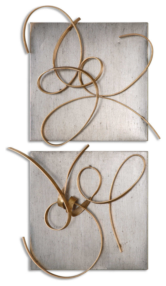 Silver Gold Metal Abstract Wall Squares, Contemporary Modern, 2-Piece Set