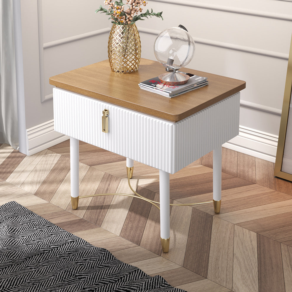 Modern White Nightstand Wood Nightstand Bedside Table with Drawer in Gold