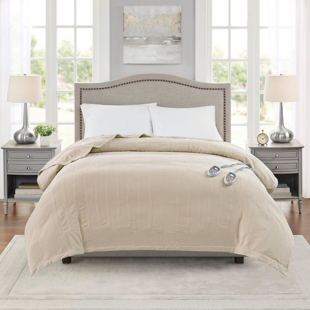 Beautyrest Knitted Micro Fleece Solid Textured Heated Blanket, Beige, Queen