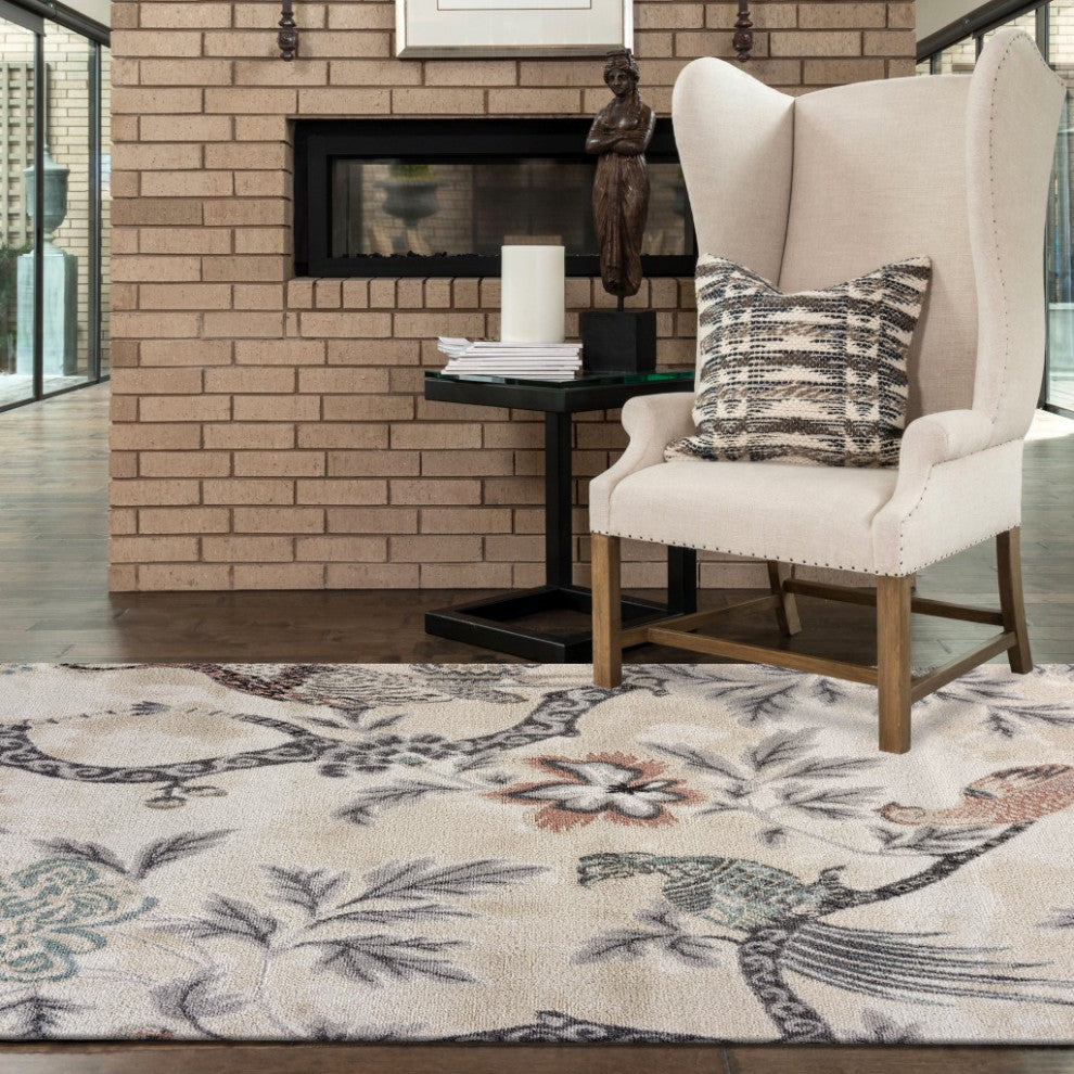 5" x 7" Soft Beige Birds and Trees Area Rug