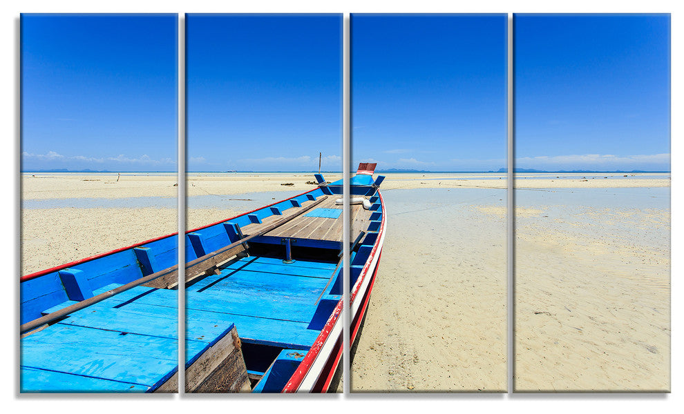 Long Tail Boat Stand at the Beach, Seashore Canvas Art Print, 48"x28", 4 Panels