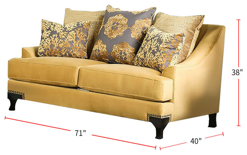 Velvet-like Fabric Love Seat with Sloped Arms Design, Gold