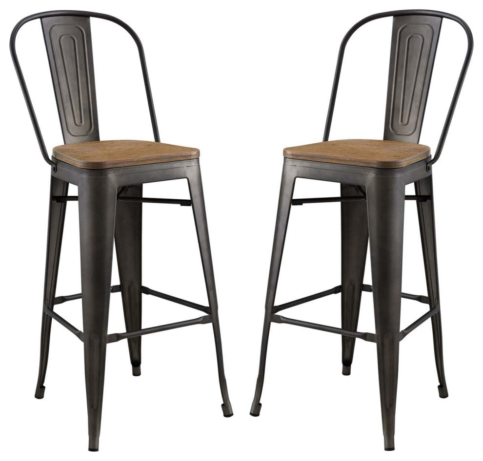 Bar Stool Chair Barstool, Set of 2, Wood, Metal, Brown, Modern, Bar Pub Bistro