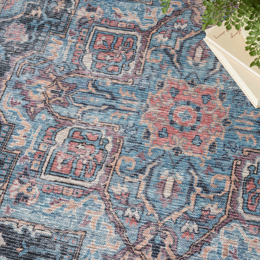 Nicole Curtis Machine Washable Floral Light Blue Multicolor Area Rug, Light Blue Multi, 4' X 6'