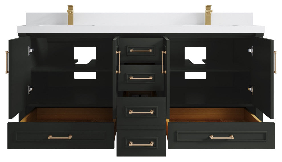 Aberdeen 72 Double Sink Bath Vanity in Black Top 2" White Quartz