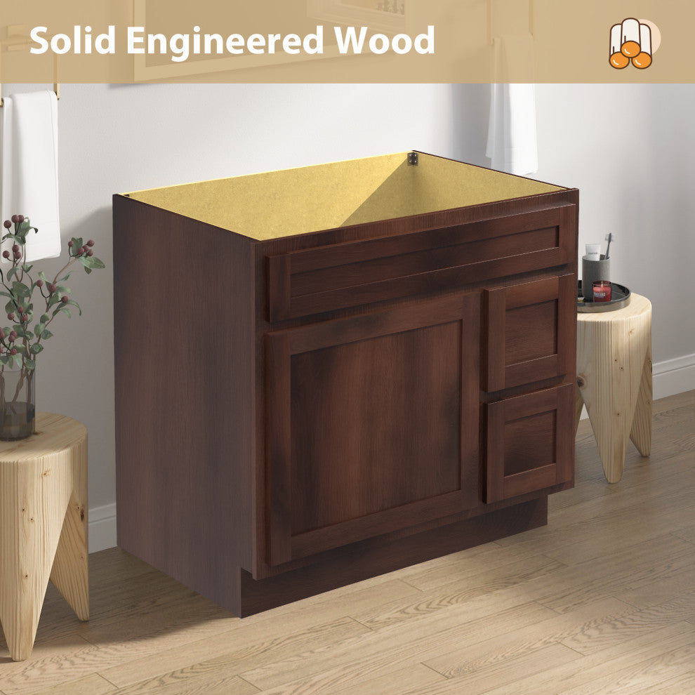 Vanity Art Vanity Base Cabinet, No Top, Drawers on Right, 36", Brown