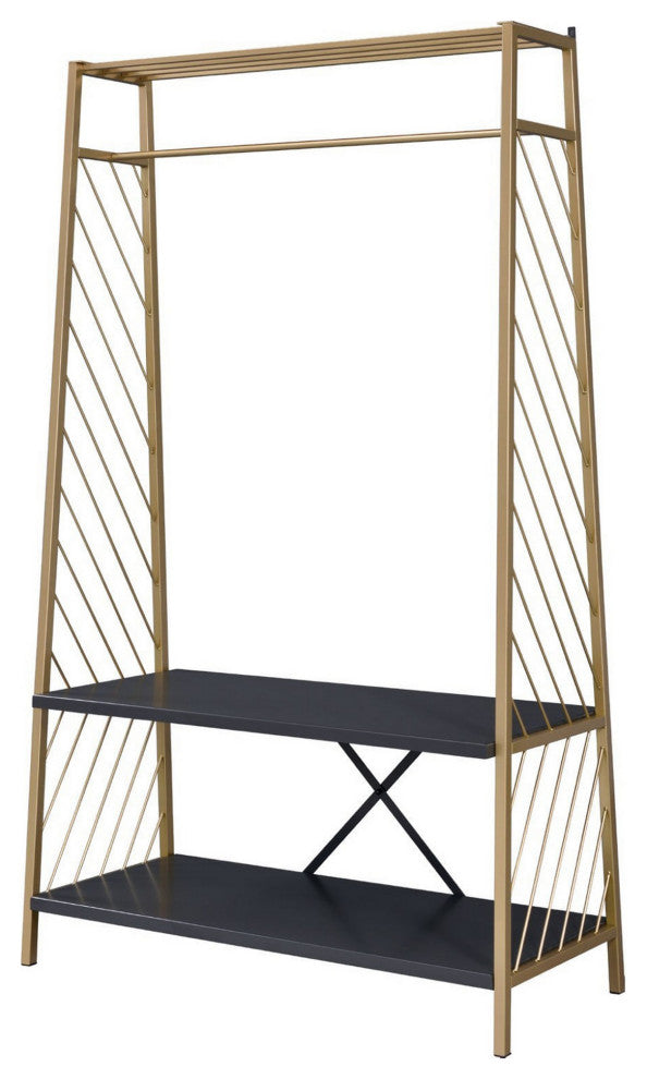Benzara BM250293 Hall Tree With 2 Shelves andxBar Panels, Gold and Black
