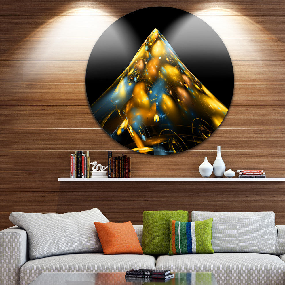 Fractal Golden Blue Structure, Abstract Art Round Metal Wall Art, 11"