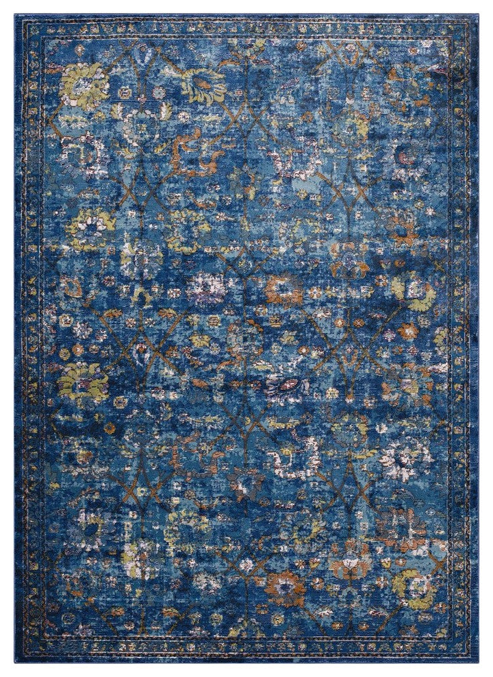 Modway Minu Distressed Floral Lattice 8'x10' Area Rug, Dark Blue