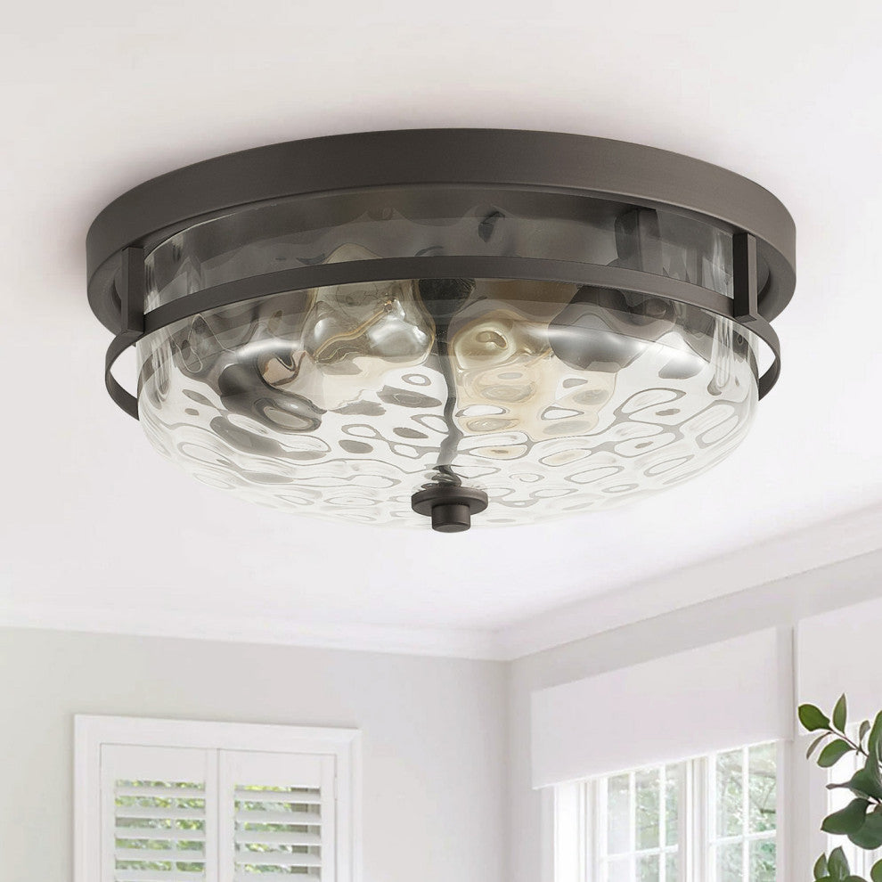 Vintage Oil Rubbed Bronze 2-Light Drum Shape Stone Ripple Glass Ceiling Light