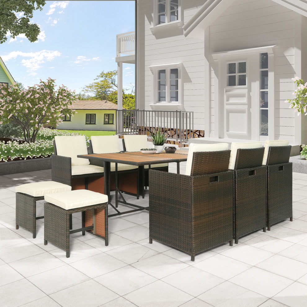 11 Pieces Outdoor Patio Rattan Dining Table Set With Cushions