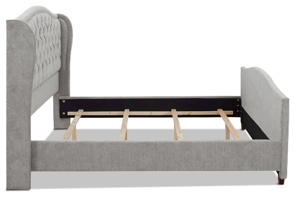 Marcella Upholstered Tufted Shelter Wingback Panel Bed, Silver Grey Polyester, King