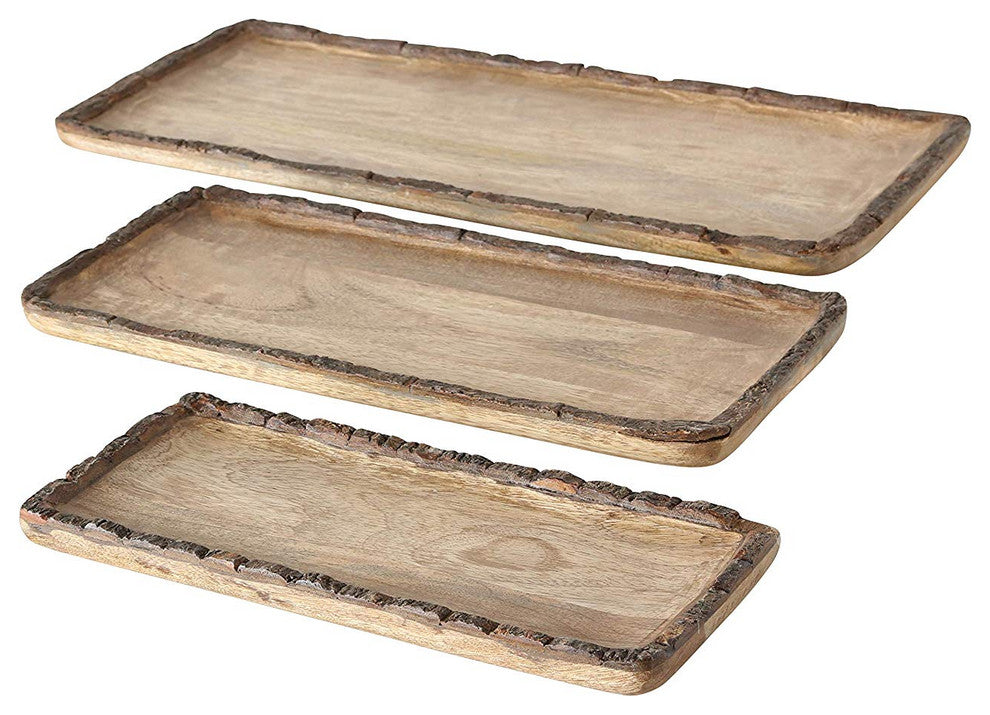 Artisinal 3 Piece Bark Rimmed Wood Tray Set