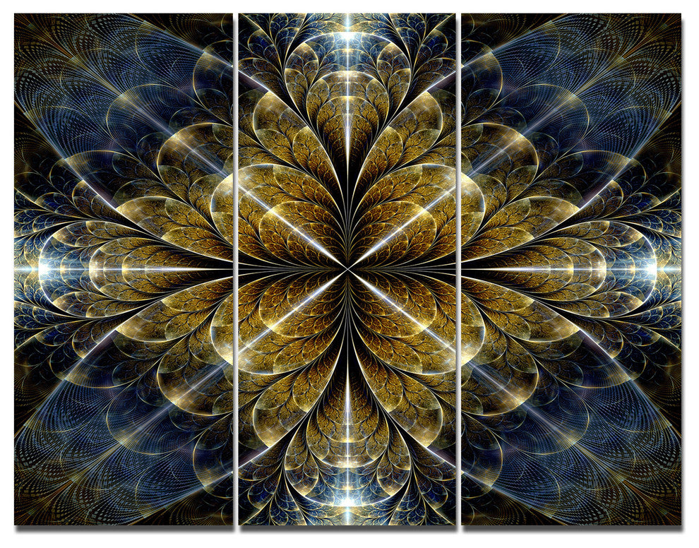 Digital Gold Fractal Flower Pattern, Abstract Wall Art Canvas, 36x28, 3 Panels