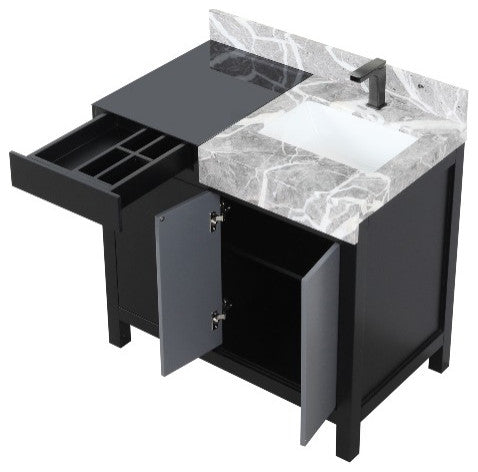 Zilara 36" Black and Grey Vanity, Castle Grey Marble Top, and Faucet Set