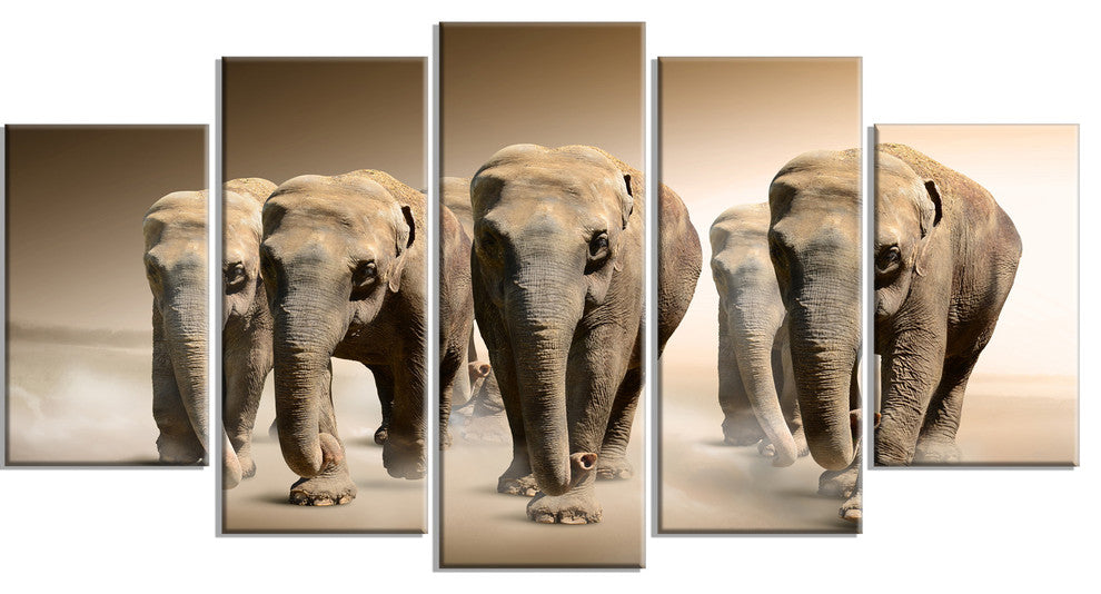 Walking Herd of Elephants, Animal Canvas Wall Art, 60"x32", 5 Panels