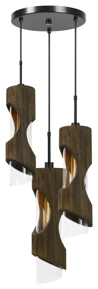 60W Zamora 3-Light Wood Pendant With Clear Glass Shade