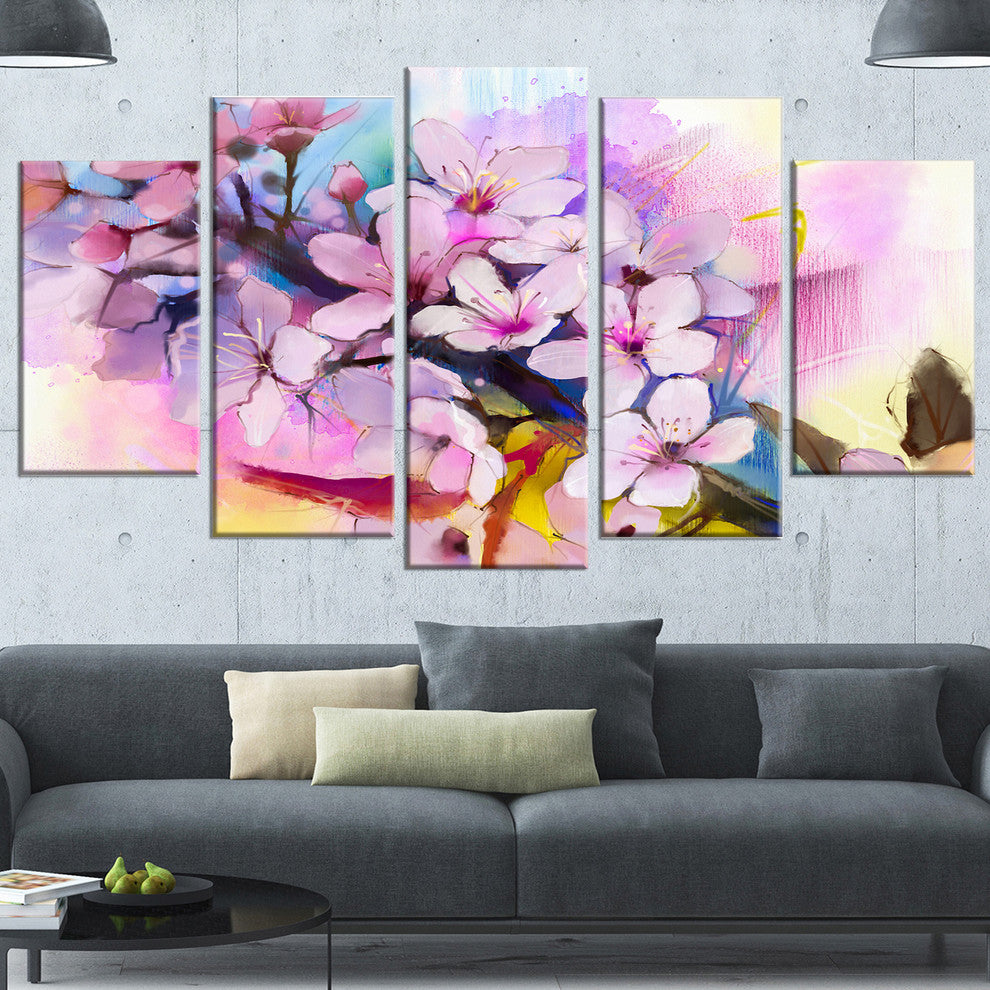 Japanese Cherry Blossoms Watercolor, Floral Canvas Art Print, 60"x32", 5 Panels