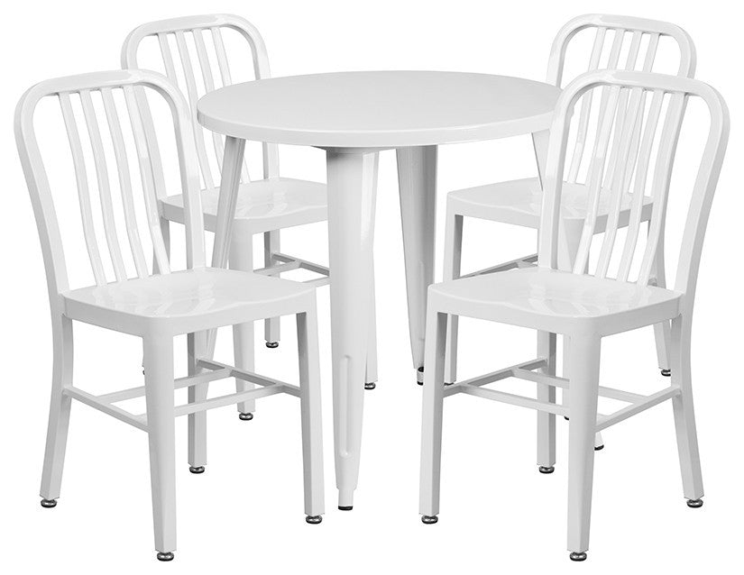 30" Round White Metal Indoor-Outdoor Table Set, 4 Vertical Slat Back Chairs