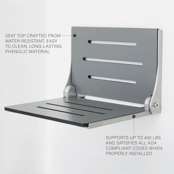 Silhouette Folding Wall Mount Shower Bench Seat, Gray Seat, Silver Frame