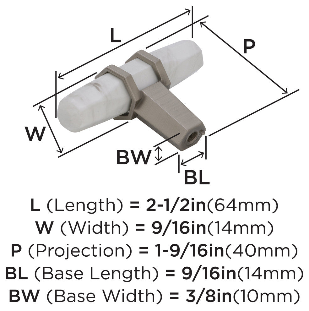 Carrione 2-1/2" Length Cabinet Knob, Marble White/Satin Nickelï¿½