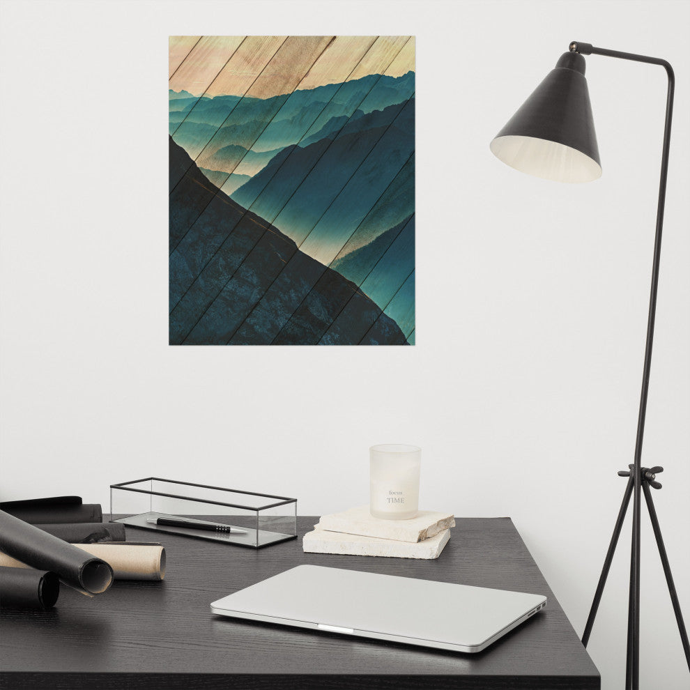 Faux Wood Misty Blue Silhouette Mountain Range Landscape Wall Art, 16" X 20"
