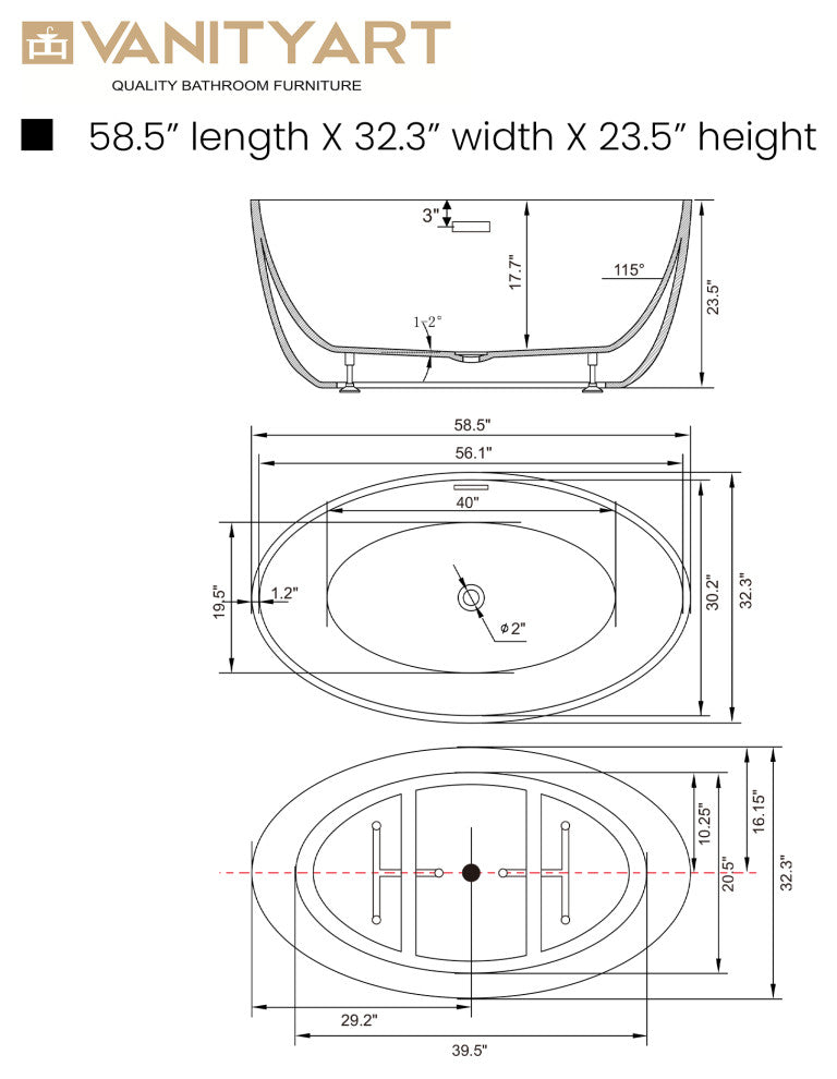 59"x32" Acrylic Freestanding Soaking Bathtub, White/Integrated Overflow