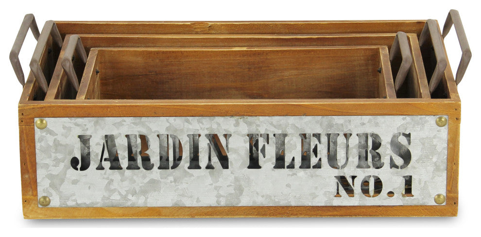 Jardin Fleurs Wood Metal Stamped Crate, Set of 3