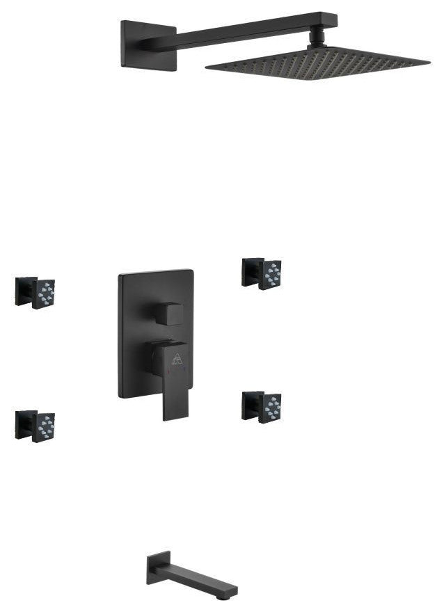 Aqua Piazza Set, 8" Square Rain Shower, 4 Body Jets and Tub Filler, Matte Black