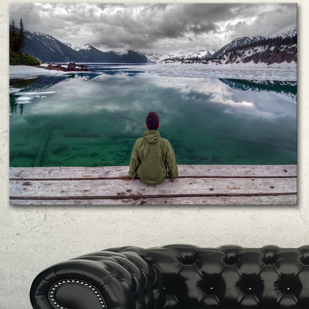 Boy Looking at Clear Mountain Lake, Landscape Canvas Art Print, 40"x30"