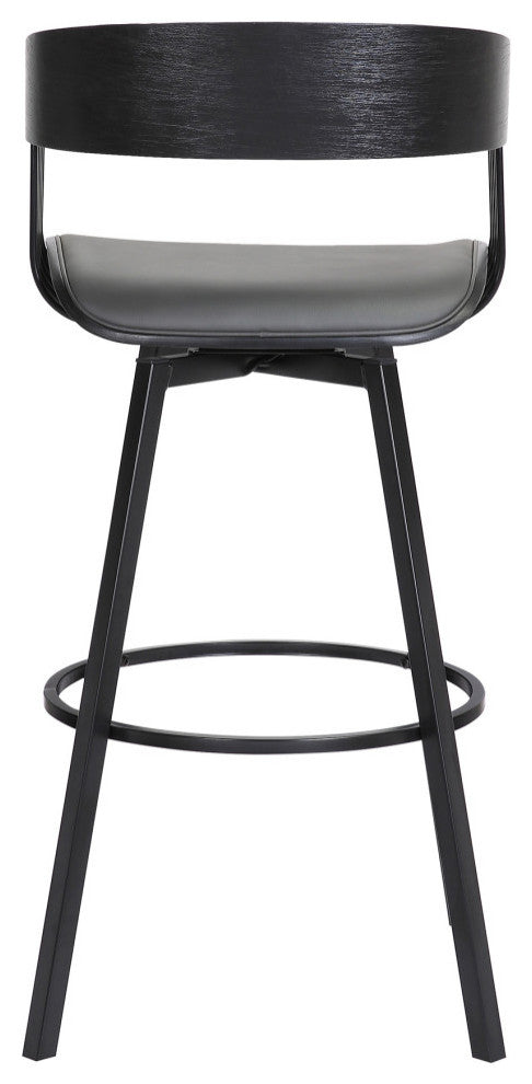 Athena Swivel Black Wood Counter Stool, Gray Faux Leather With Black Metal, 27"