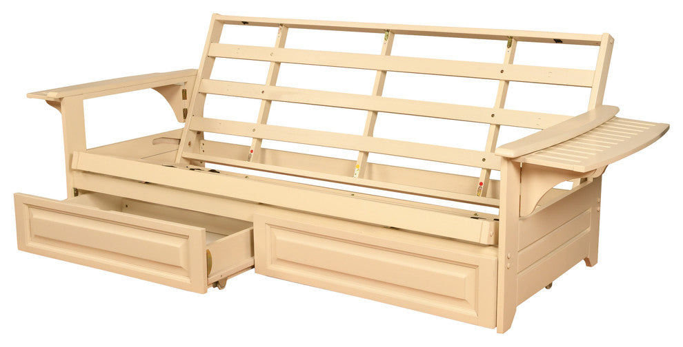 Mesa Frame Futon With Antique White Finish, Storage Drawers, Frame Only