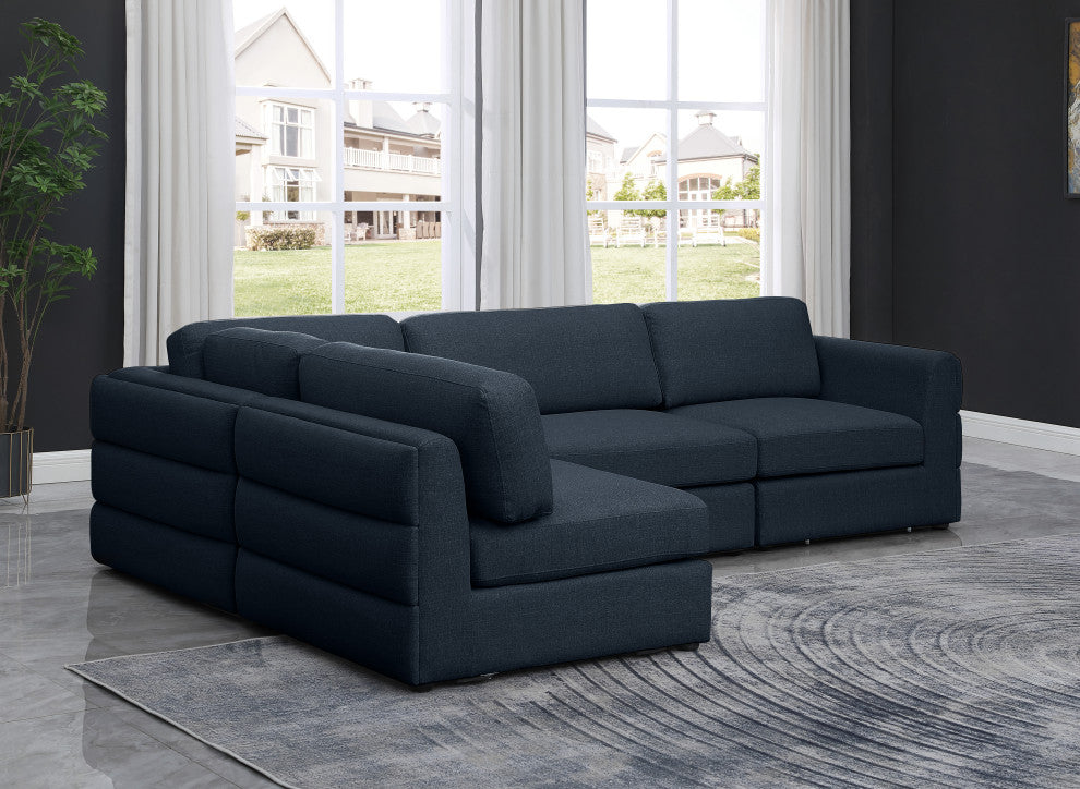 Beckham Linen Textured Fabric 4-Piece Modular L-Shaped Sectional, Navy