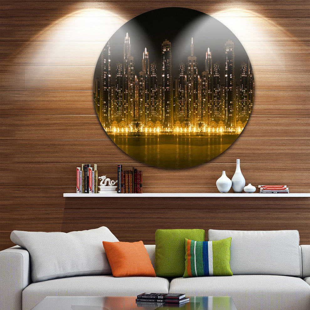 City With Illuminated Skyscrapers, Cityscape Disc Metal Wall Art, 36"