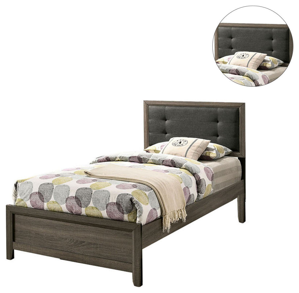 Twin Size Bed with Button Tufted Headboard, Gray and Charcoal