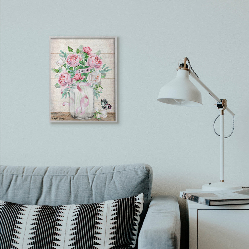 Hope Flower Jar Butterfly Pink Painting, 16"x20", Gray Frame