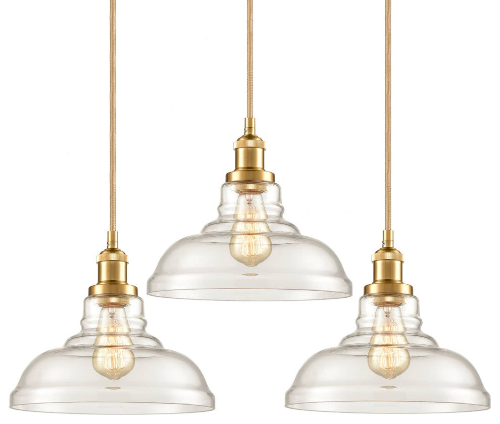 3 Pack Industrial Clear Glass Pendant Lights, Brass