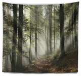Light in Dense Fall Forest with Fog Landscape Wall Tapestry, 39"x32"