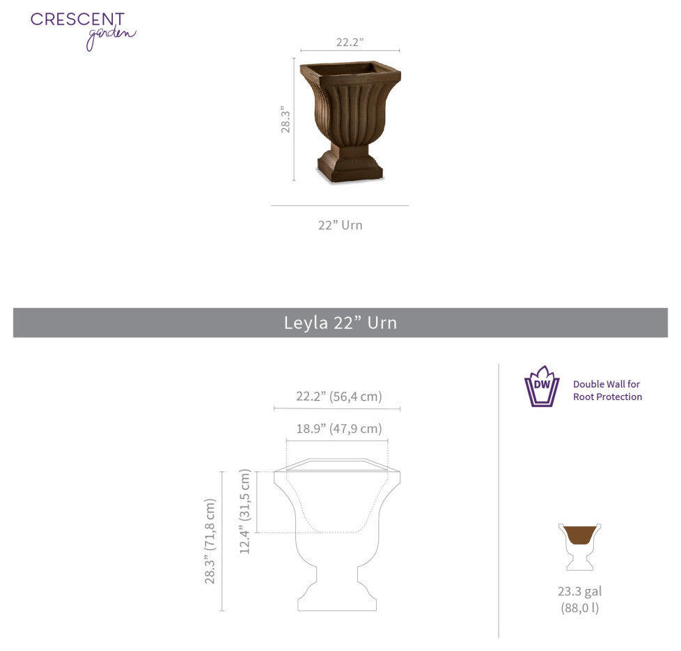 Leyla Double Walled Large Urn Planter - 22" W x 28" H, Mocha