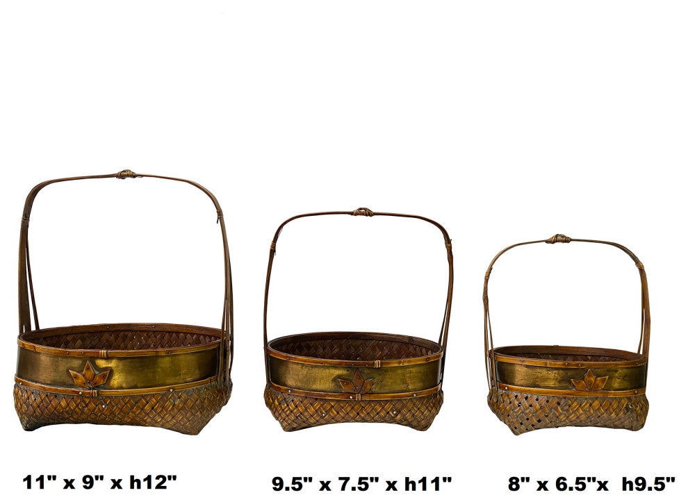 2 x Oriental Oval Brown Rattan Basket with Handle 3 pieces Set Hws1327