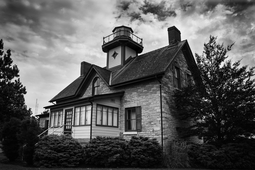Cedar Point Lighthouse in Black and White Framed Photo Paper Wall Art Prints, Red Oak, 16" X 20"