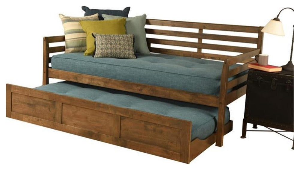 Kodiak Furniture Boho Daybed and Trundle in Rustic Walnut with Aqua Mattresses