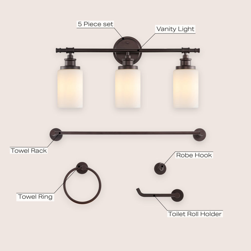 3-Light Classic Vanity, Frosted Glass Shades, Bathroom Accessory Set, 5-Piece