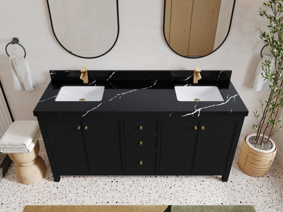Chicago 72" Double Sink Bathroom Vanity, Black 2" Calacatta Black
