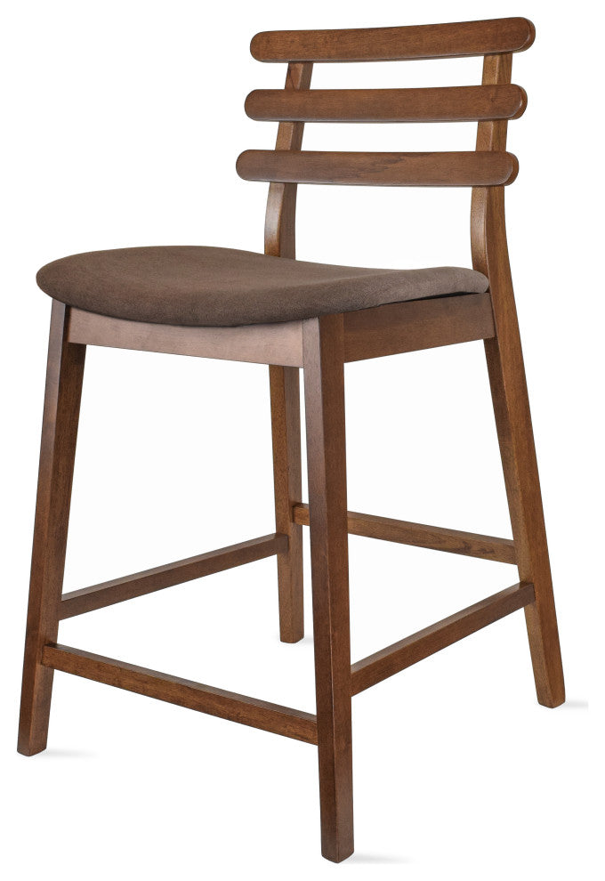 Dark Brown Wood Wooden With Ladder Back Cushion Counter Height Stools, Set of 2, Cappuccino